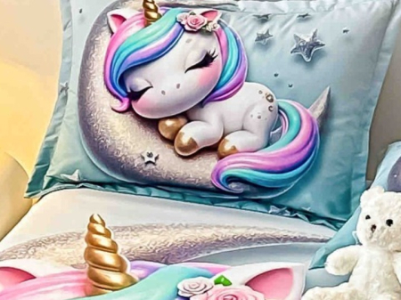Husa de Pat cu Elastic Bumbac Finet 5D, Pat Dublu, cu 2 Fete de Perna, 160x200 cm - Turcoaz, Unicorn [3]