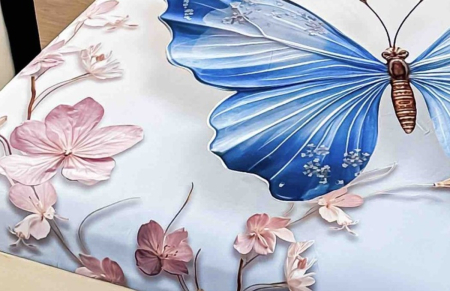 Husa de Pat cu Elastic Bumbac Finet 5D, Pat Dublu, cu 2 Fete de Perna, 160x200 cm - Alb, Fluturi Albastri [2]