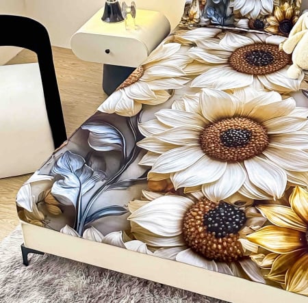 Husa de Pat cu Elastic Bumbac Finet 5D, Pat Dublu, cu 2 Fete de Perna, 160x200 cm - Multicolor, Floarea Soarelui [1]