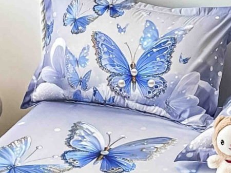 Husa de Pat cu Elastic Bumbac Finet 5D, Pat Dublu, cu 2 Fete de Perna, 160x200 cm - Mov, Fluturi [3]