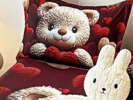 Husa de Pat cu Elastic Bumbac Finet 5D, Pat Dublu, cu 2 Fete de Perna, 160x200 cm - Rosu, Papadie [3]