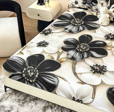 Husa de Pat cu Elastic Bumbac Finet 5D, Pat Dublu, cu 2 Fete de Perna, 160x200 cm - Crem, Flori Negre [1]
