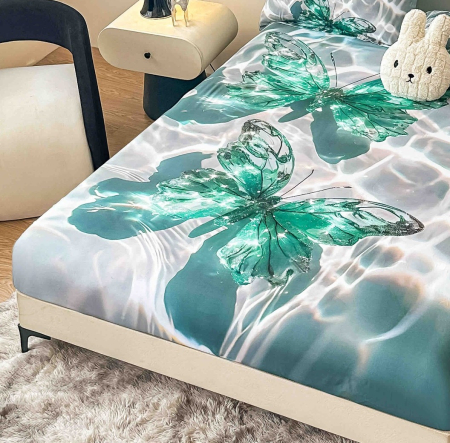 Husa de Pat cu Elastic Bumbac Finet 5D, Pat Dublu, cu 2 Fete de Perna, 160x200 cm - Turcoaz, Fluturi [1]