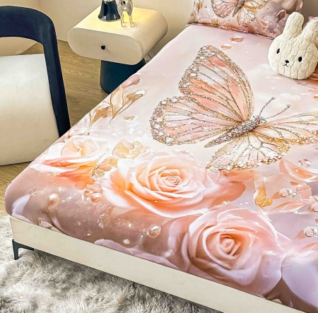 Husa de Pat cu Elastic Bumbac Finet 5D, Pat Dublu, cu 2 Fete de Perna, 160x200 cm - Crem, Trandafiri [1]