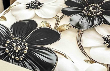 Husa de Pat cu Elastic Bumbac Finet 5D, Pat Dublu, cu 2 Fete de Perna, 160x200 cm - Crem, Flori Negre [2]