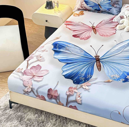 Husa de Pat cu Elastic Bumbac Finet 5D, Pat Dublu, cu 2 Fete de Perna, 160x200 cm - Alb, Fluturi Albastri [1]