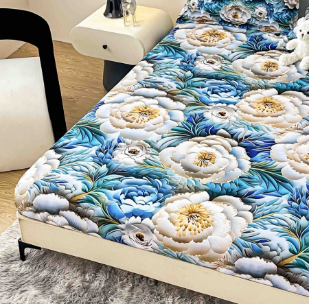 Husa de Pat cu Elastic Bumbac Finet 5D, Pat Dublu, cu 2 Fete de Perna, 160x200 cm - Albastru, Flori [1]