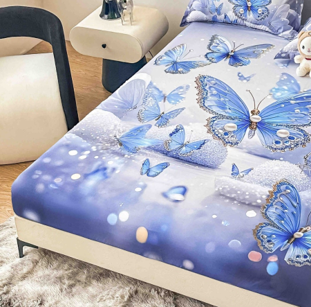 Husa de Pat cu Elastic Bumbac Finet 5D, Pat Dublu, cu 2 Fete de Perna, 160x200 cm - Mov, Fluturi [1]