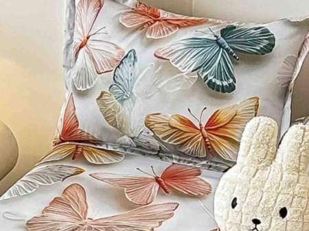 Husa de Pat cu Elastic Bumbac Finet 5D, Pat Dublu, cu 2 Fete de Perna, 160x200 cm - Alb, Flori [3]