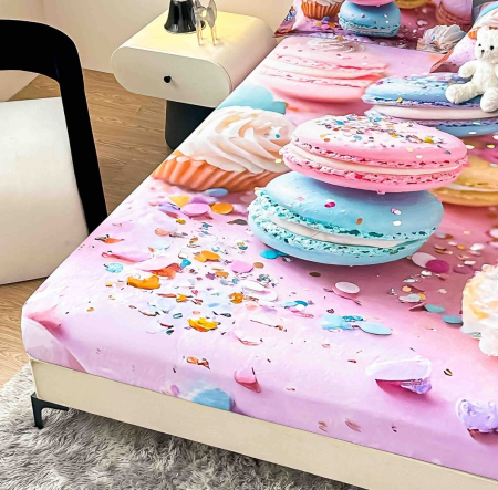 Husa de Pat cu Elastic Bumbac Finet 5D, Pat Dublu, cu 2 Fete de Perna, 160x200 cm - Roz, Dulciuri [1]