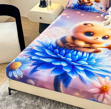Husa de Pat cu Elastic Bumbac Finet 5D, Pat Dublu, cu 2 Fete de Perna, 160x200 cm - Albastru, Ursulet [1]