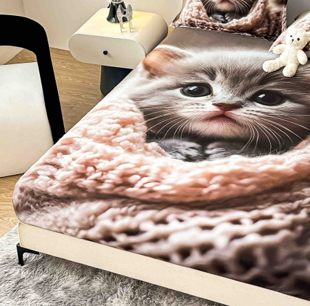 Husa de Pat cu Elastic Bumbac Finet 5D, Pat Dublu, cu 2 Fete de Perna, 160x200 cm - Maro, Pisica [1]