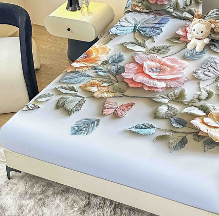 Husa de Pat cu Elastic Bumbac Finet 5D, Pat Dublu, cu 2 Fete de Perna, 160x200 cm - Alb, Flori Albastre [1]