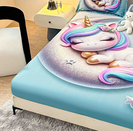 Husa de Pat cu Elastic Bumbac Finet 5D, Pat Dublu, cu 2 Fete de Perna, 160x200 cm - Turcoaz, Unicorn [1]