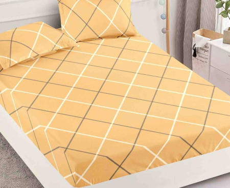 Husa de Pat cu Elastic Bumbac Finet, 180x200 cm, cu 2 Fete de Perna - Galben, Carouri [1]