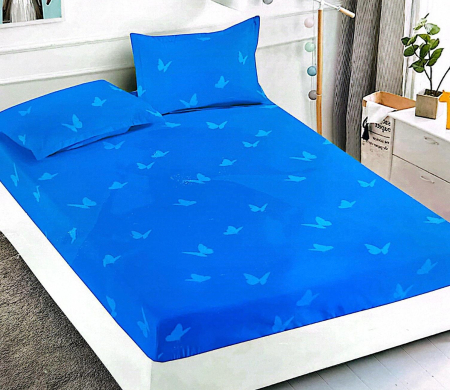 Husa de Pat cu Elastic Bumbac Finet, 180x200 cm, cu 2 Fete de Perna - Albastru, Fluturi [1]
