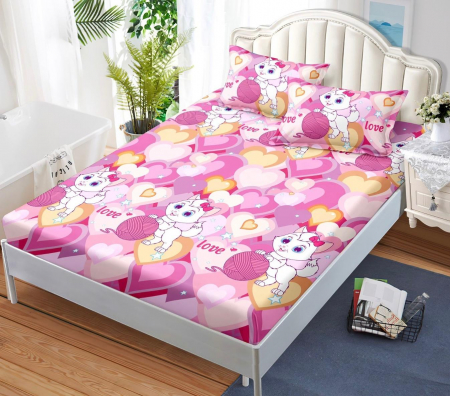 Oferta 3 Huse de pat la doar 179 RON - Husa de pat cu elastic din Bumbac Finet + 2 Fete de Perna