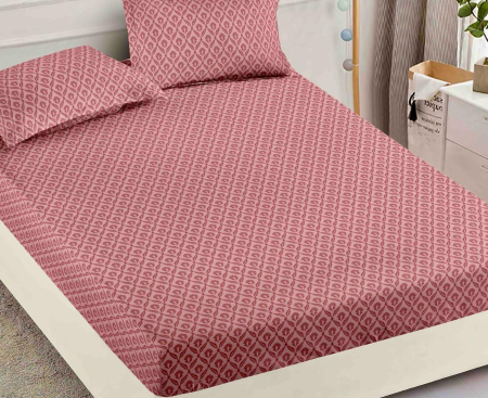 Husa de Pat cu Elastic Bumbac Finet, 180x200 cm, cu 2 Fete de Perna - Roz, Model [1]