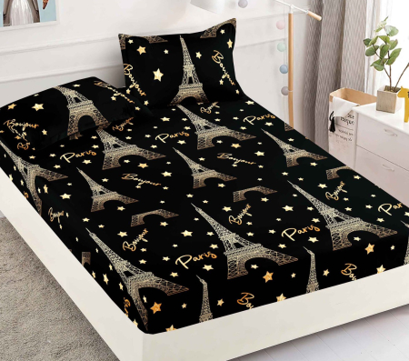 Husa de Pat cu Elastic Bumbac Finet, 180x200 cm, cu 2 Fete de Perna - Negru, Paris [1]