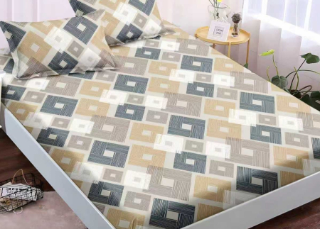 Husa de Pat cu Elastic Bumbac Finet, 180x200 cm, cu 2 Fete de Perna - Bej, Carouri [1]