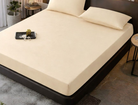 Husa de Pat Catifea cu Elastic, Pat Dublu, cu 2 Fete de Perna, 180x200 cm - Crem [1]