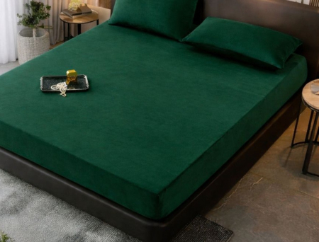 Husa de Pat Catifea cu Elastic, Pat Dublu, cu 2 Fete de Perna, 180x200 cm - Verde Inchis [1]