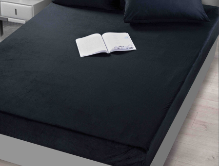 Husa de Pat Catifea cu Elastic, Pat Dublu, cu 2 Fete de Perna, 180x200 cm - Negru [1]