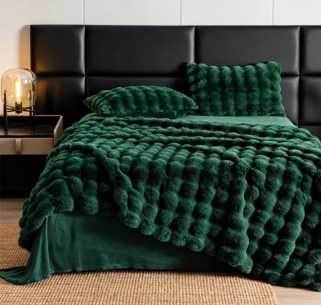 Lenjerii Blanita Artificiala De Iepure - Lenjerie de Pat cu Blanita Artificiala de Iepure, Pat Dublu, 6 Piese, Microfibra - Verde Smarald