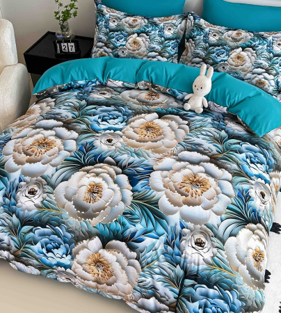 Lenjerie de Pat Bumbac Finet 5D, 1 Persoana, 4 Piese, cu Elastic - Trandafiri Albi Si Bleu [1]