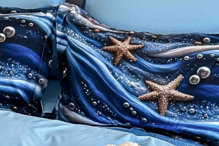 Lenjerie de Pat Bumbac Finet 5D, 1 Persoana, 4 Piese, cu Elastic - Valuri Marine Cu Scoici [3]