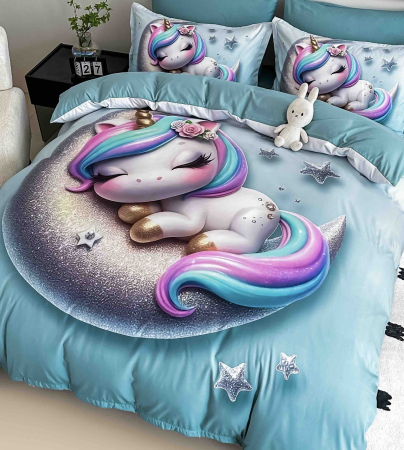 Lenjerie de Pat Bumbac Finet 5D, 1 Persoana, 4 Piese, cu Elastic - Unicorn Multicolor [1]