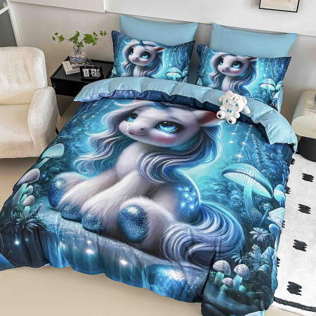 Lenjerii Pat 1 Persoana Bumbac Tip Finet 5D - Lenjerie de Pat Bumbac Finet 5D, 1 Persoana, 4 Piese, cu Elastic - Unicorn Albastru