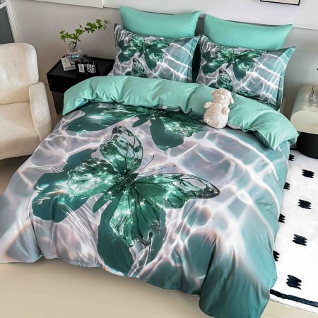 Lenjerii Pat 1 Persoana Bumbac Tip Finet 5D - Lenjerie de Pat Bumbac Finet 5D, 1 Persoana, 4 Piese, cu Elastic - Fluturi Verde Mint