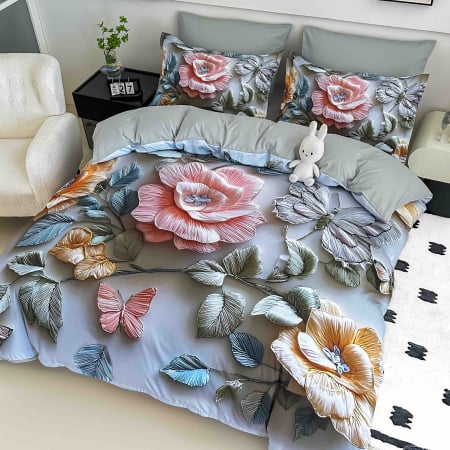 Lenjerii Pat 1 Persoana Bumbac Tip Finet 5D - Lenjerie de Pat Bumbac Finet 5D, 1 Persoana, 4 Piese, cu Elastic - Trandafiri Roz Pastel