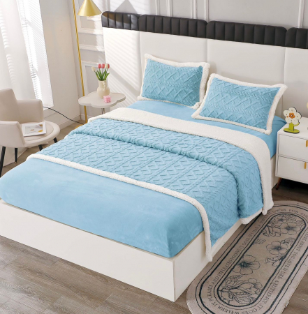 Lenjerii cocolino cu blanita - Lenjerie De Pat Cocolino cu Blanita, 4 piese, Tip Tricotata, cu Elastic - Bleu