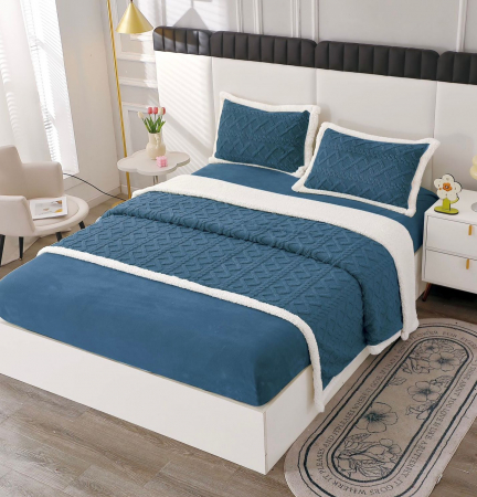Lenjerii cocolino cu blanita - Lenjerie De Pat Cocolino cu Blanita, 4 piese, Tip Tricotata, cu Elastic - Albastru