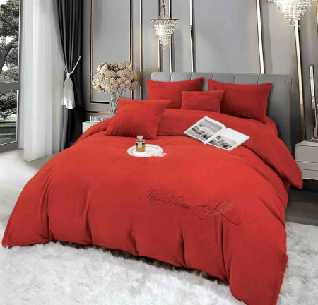 Lenjerii Cocolino Brodate - Lenjerie de pat, cu Broderie, Cocolino tip Blăniță Iepure, 2 Persoane, 6 Piese, cu ELASTIC - Rosu