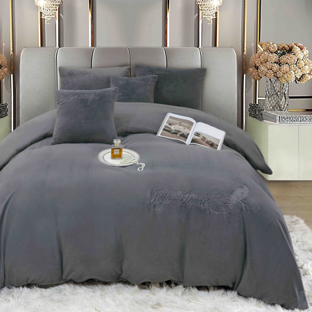 Lenjerie de pat, cu Broderie, Cocolino tip Blăniță Iepure, 2 Persoane, 6 Piese, cu ELASTIC - Gri Inchis [2]