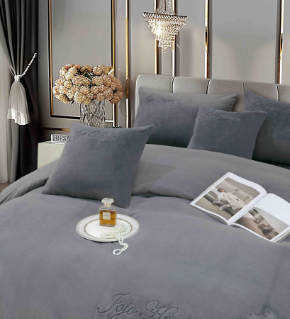 Lenjerie de pat, cu Broderie, Cocolino tip Blăniță Iepure, 2 Persoane, 6 Piese, cu ELASTIC - Gri Inchis [3]