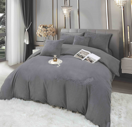 Lenjerii Cocolino Brodate - Lenjerie de pat, cu Broderie, Cocolino tip Blăniță Iepure, 2 Persoane, 6 Piese, cu ELASTIC - Gri Inchis