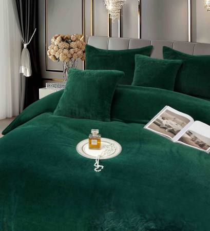 Lenjerie de pat, cu Broderie, Cocolino tip Blăniță Iepure, 2 Persoane, 6 Piese, cu ELASTIC - Verde Smarald [3]