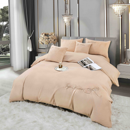 Lenjerii Cocolino Brodate - Lenjerie de pat, cu Broderie, Cocolino tip Blăniță Iepure, 2 Persoane, 6 Piese, cu ELASTIC - Bej