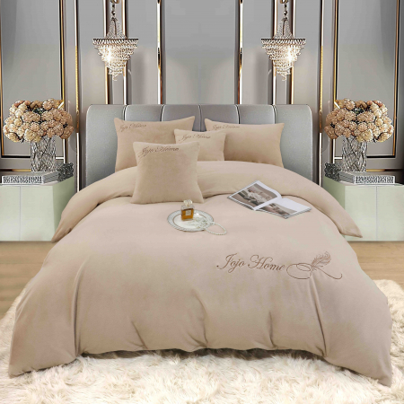 Lenjerii Cocolino Brodate - Lenjerie de pat, cu Broderie, Cocolino tip Blăniță Iepure, 2 Persoane, 6 Piese, cu ELASTIC - Maro