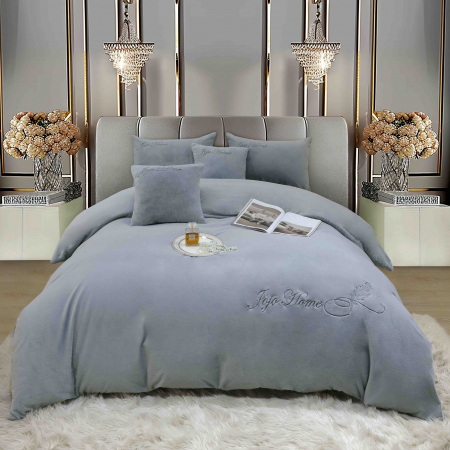 Lenjerii Cocolino Brodate - Lenjerie de pat, cu Broderie, Cocolino tip Blăniță Iepure, 2 Persoane, 6 Piese, cu ELASTIC - Gri Deschis