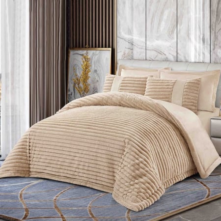 Lenjerii Cu Pilota Inclusa - Lenjerie de pat cu Pilota Inclusa , Cearceaf cu Elastic, 6 Piese, Blană de Iepure Artificială - Bej