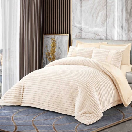 Lenjerii Cu Pilota Inclusa - Lenjerie de pat cu Pilota Inclusa , Cearceaf cu Elastic, 6 Piese, Blană de Iepure Artificială - Crem