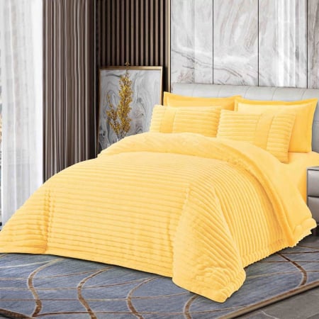 Pilote Cocolino Cu Blanita - Lenjerie de pat cu Pilota Inclusa , Cearceaf cu Elastic, 6 Piese, Blană de Iepure Artificială - Galben