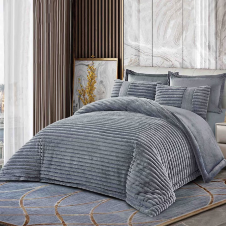 Lenjerii Cu Pilota Inclusa - Lenjerie de pat cu Pilota Inclusa , Cearceaf cu Elastic, 6 Piese, Blană de Iepure Artificială - Gri Inchis