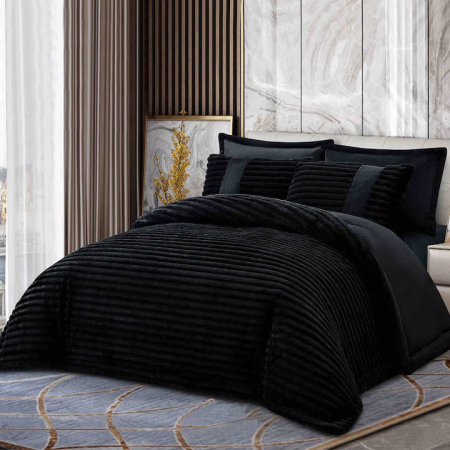 Lenjerie de pat cu Pilota Inclusa , Cearceaf cu Elastic, 6 Piese, Blană de Iepure Artificială - Negru [0]