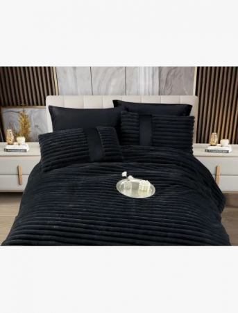 Lenjerie de pat cu Pilota Inclusa , Cearceaf cu Elastic, 6 Piese, Blană de Iepure Artificială - Negru [2]